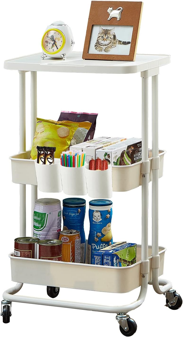 3-Tier Utility Rolling Cart Storage Sofa Side Table with Cover Plate and Wheels, Mobile Trolley Organizer with Handle for Office Home Kitchen Organization, Cream White