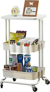 3-Tier Utility Rolling Cart Storage Sofa Side Table with Cover Plate and Wheels, Mobile Trolley Organizer with Handle for Office Home Kitchen Organization, Cream White