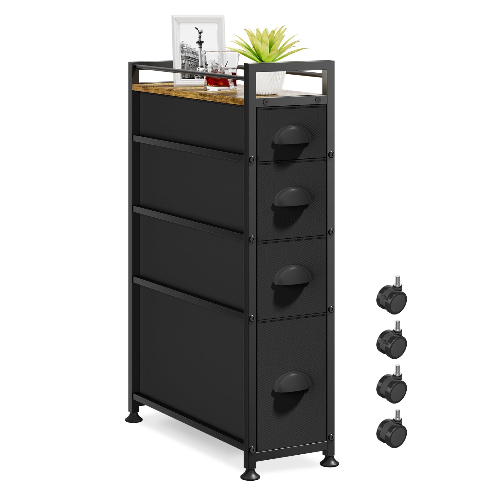 Photo 1 of LASZOLA 4 Drawer Narrow Dresser Slim Cabinet Skinny Storage Tower Chest, Ideal for Small Spaces Bathroom Bedroom, Between Washer and Dryer, Lightweight Mobile on Wheels, Sturdy Fabric Drawers, Black