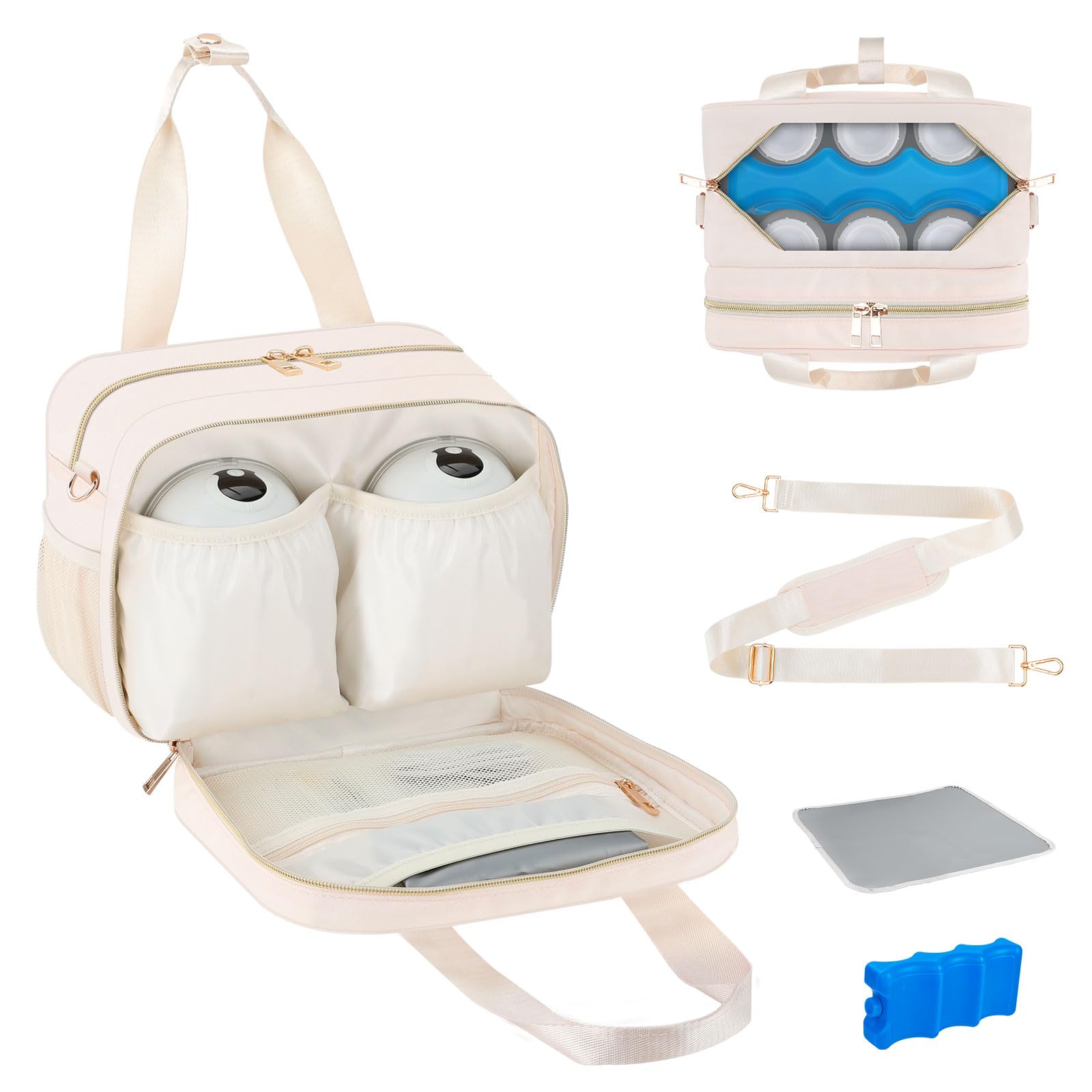 Photo 1 of PIIOSER Breastmilk Cooler Bag with Ice Pack, Fits 6 Baby Bottles Up to 9 Ounce, Insulated Bottle Travel Bags with Shoulder Strap-Wearable Breast Pump Carrying Case for Nursing & Working Moms (Cream)