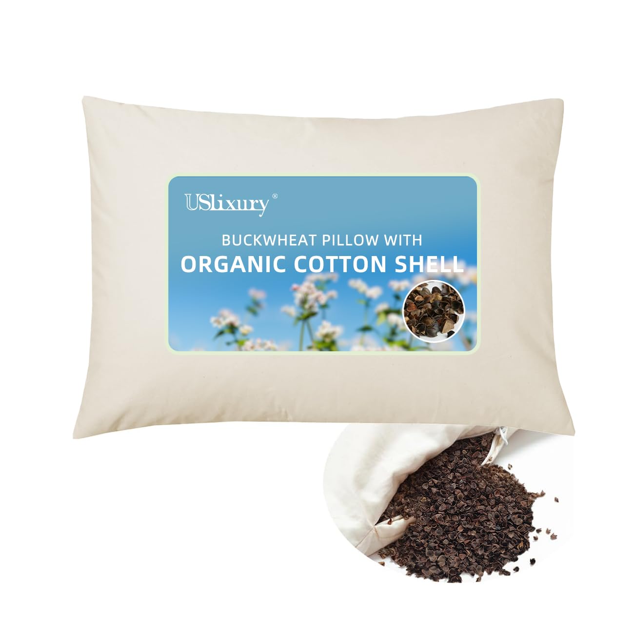 Photo 1 of USlixury Buckwheat Pillow 16"X22" - Adjustable Height and Firmness, Buckwheat Pillow with Organic Cotton Shell, Firm Neck Support for Back/Side/Stomach Sleepers, Cool Sleep, White