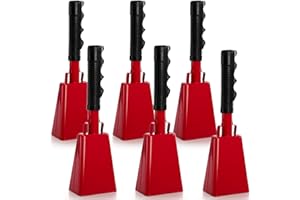 Peohud 6 Pack Cowbell with Handle, 10 Inch Loud Cheering Cow Bell for Sports Events, Red Steel Noise Makers for Football Game