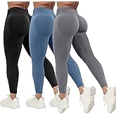 Coume 3 Pcs Womens Workout Leggings Butt Lifting Seamless Scrunch Yoga Pants Tummy Compression Medium Waist Tights