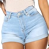 vanberfia Women's Stretchy Denim Mid Rise Jean Shorts with Pockets…