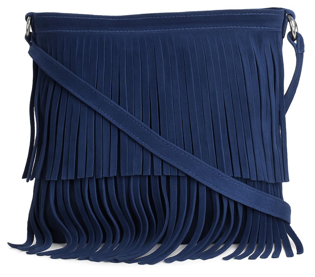 LiaTalia Womens Fringe Handbag - Real Italian Suede Leather - Tassle Effect Shoulder Bag in Medium Size - Ashley [Navy]