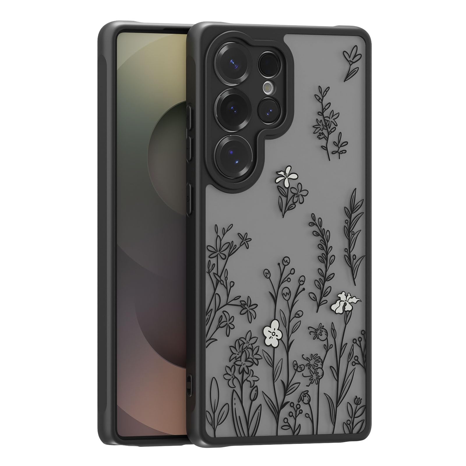 Yetagso for Samsung Galaxy S25 Ultra Case,Cute Floral Black Wild Flower Pattern Sleek Slim Protective Phone Case for Women Girls,Aesthetic Pattern Print TPU Bumper Shockproof Cover for S25 Ultra