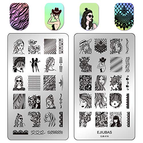 Ejiubas Nail Stamping Plates Set Double Sided Nail Art Stamping Kits Girls & Pets Image Plates Nail Art Design EJB-X10&X16