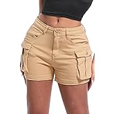 ELLEVEN Women's High-Stretch Cargo Shorts, Y2K Mini, High Waisted, Slim-Fitted Jean Shorts with Pockets