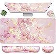 4-in-1 Large Gaming Mouse Pad, Keyboard Wrist Rest Pad & Wrist Support Mousepad Set, Extended Desk Pad Waterproof Desk Mat for Home Office Study Game-Pink Gold Marble