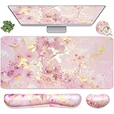 4-in-1 Large Gaming Mouse Pad, Keyboard Wrist Rest Pad & Wrist Support Mousepad Set, Extended Desk Pad Waterproof Desk Mat for Home Office Study Game-Pink Gold Marble