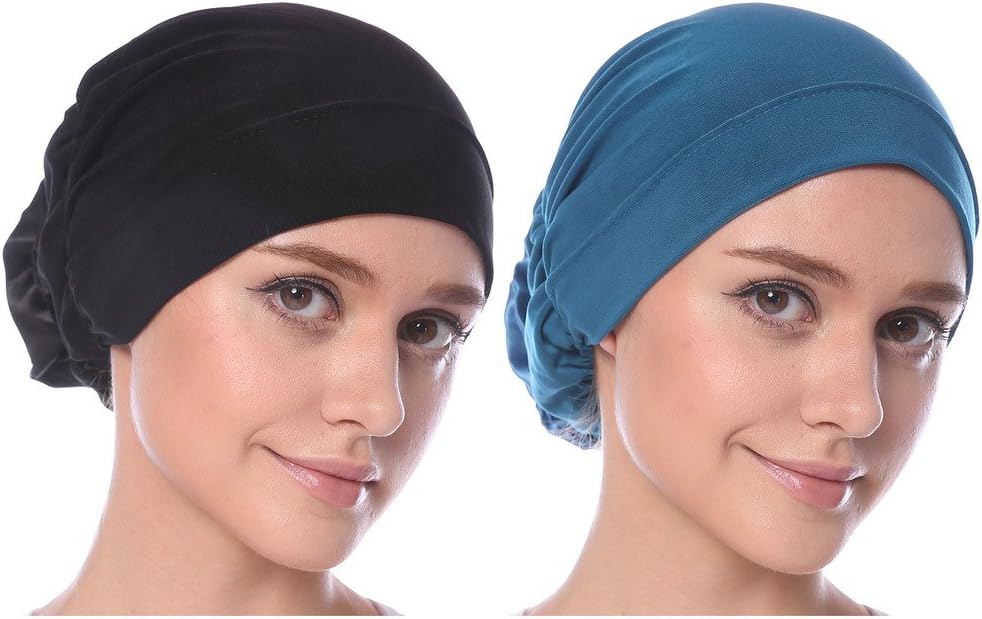 YI HENG MEI Women's 2 Pack Elegant Stretch Milk Silk Flower Muslim Turban Cap Chemo Cancer Cap,Black+Turquoise