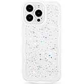 ZTOFERA for iPhone 15 Pro Case 6.1",Cute Curly Wave Case with Star Glitter,Clear Shiny Bling Soft TPU Shockproof Phone Protecive Cover for Women Girls-White