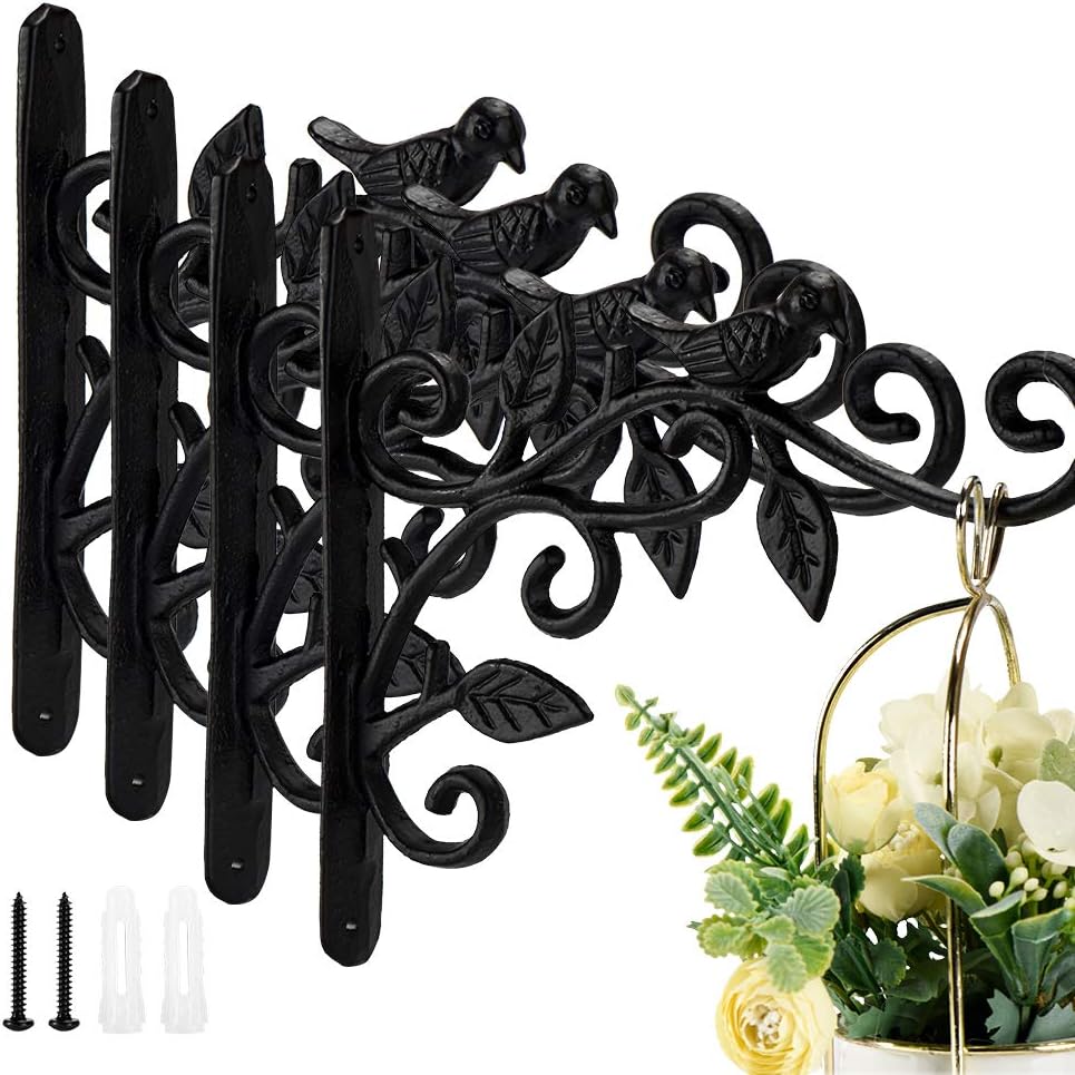 Outdoor Hanging Brackets - HOME MASTER HARDWARE 10in Hanging Plants Bracket Wall Mounted Planter Hooks Hangers Flower Pot Bird Feeder Wind Chime for Lanterns Outdoor Indoor Lawn Garden with Screws Black 4 Pack