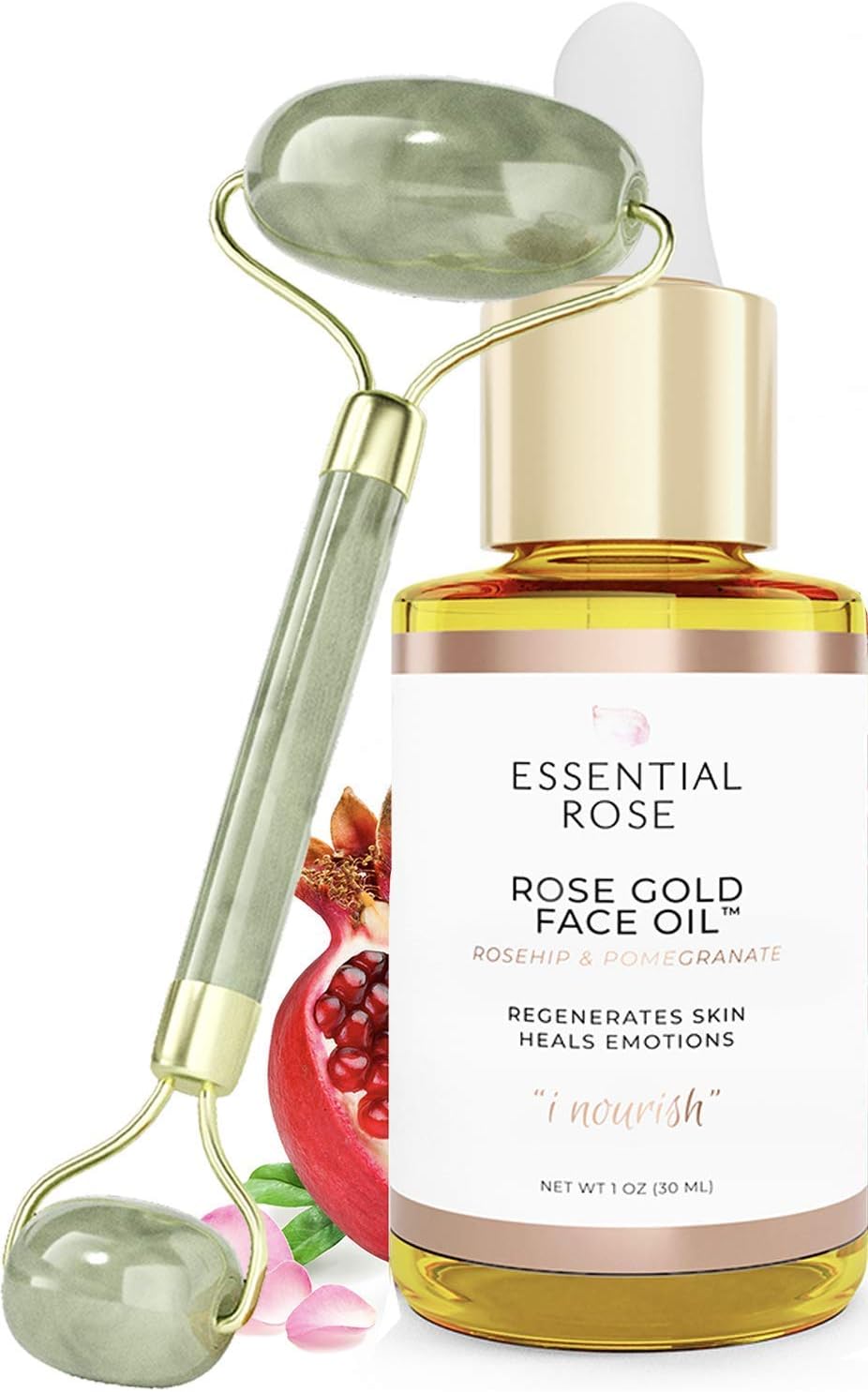 Jade Face Roller Set with Rose Gold Face Oil | 2 Piece | Moisturizing, Anti-Oxidant, Anti-Aging Jojoba & Rosehip Oils for Face and Facial Roller Kit for Glowing Skin | Natural, Cruelty Free, Vegan
