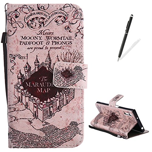 SONY Xperia XZ Flip Leather Case KaseHom [Free Touch Stylus], Folio Magnetic Cartoon Pattern Premium PU Wallet Cover with Lanyard [Card Slots] [Kickstand] Protective Holster Magic Castle