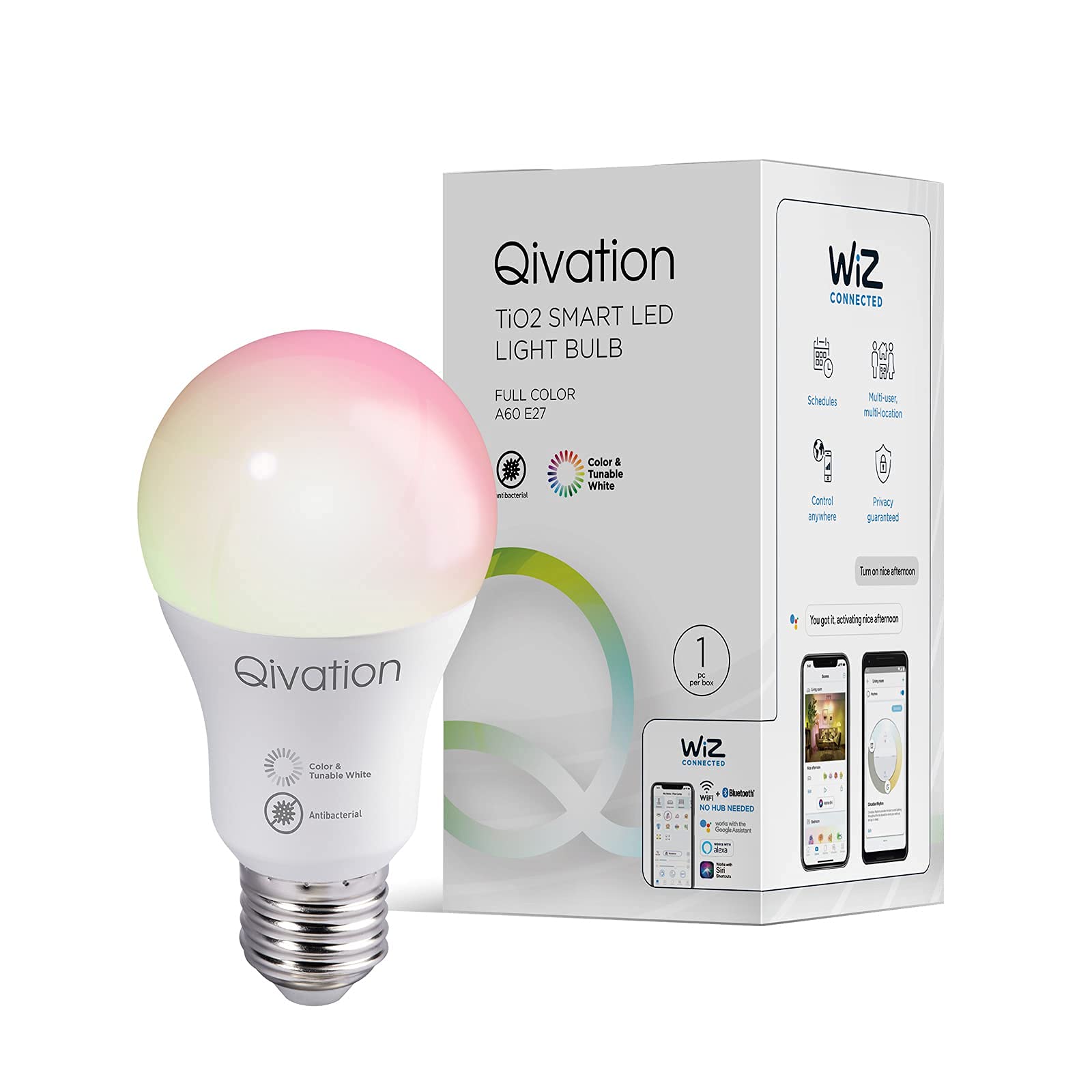 Qivation TiO2 Smart LED Bulb Japan tech 24/7 Air Purification, E27 8W, RGB Full Color Dimmerable, WiFi +BLT, Works with Amazon Alexa and Google Home, No Required Hub