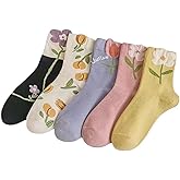 CazDopaM Cute Cotton Socks for Women and Girls, 5 Pairs for Sports and Daily Wear, Vintage Floral Crew Socks