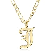 Beleco 14k Gold Plated Initial Pendant Necklace for Women – A-Z Letter Necklace with Figaro Chain, Old English Personalized Gold Alphabet Charm Jewelry