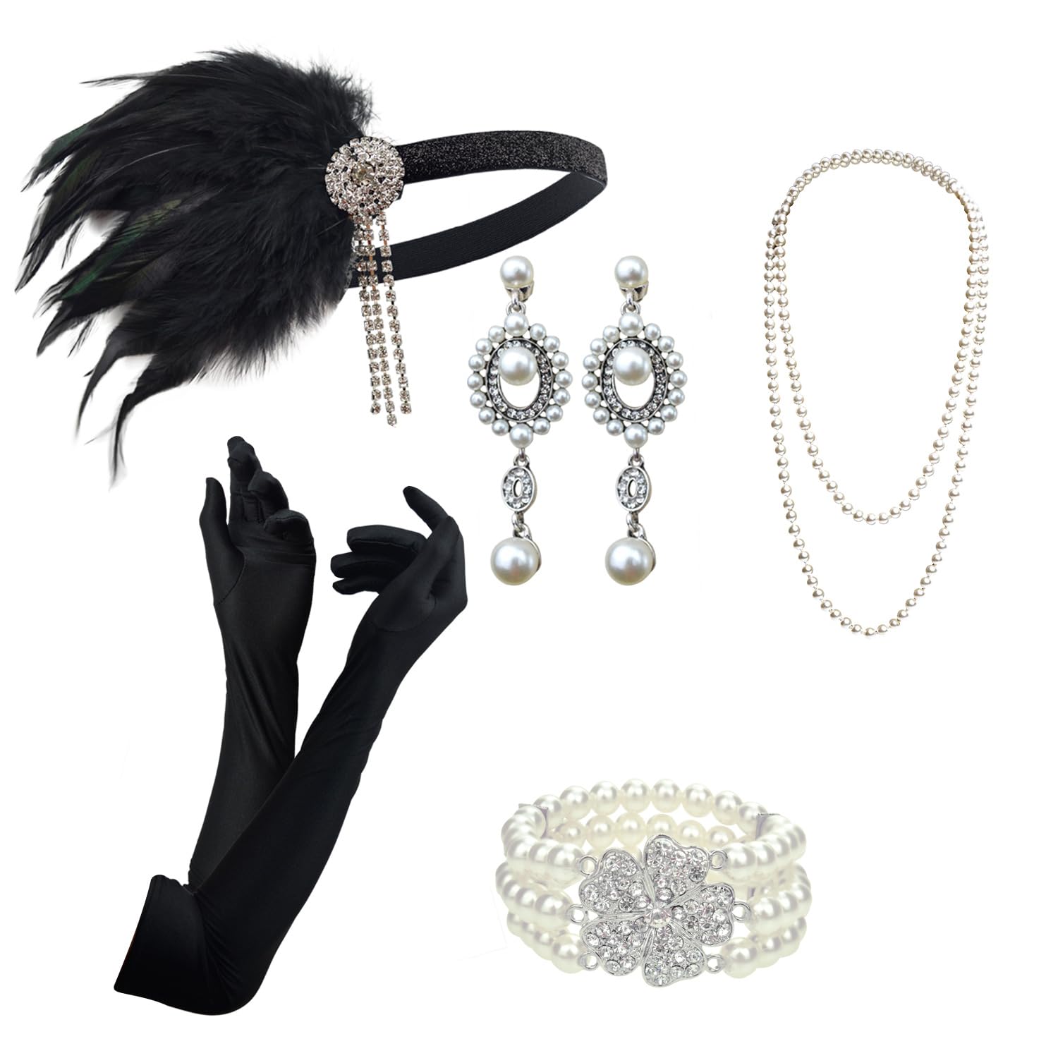 DRESHOW 1920s Accessories Sets Flapper Costume Gatsby Feather Headband Long Necklace Black Gloves