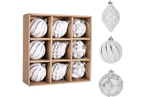 POLIKO 8cm 3.15" Christmas Ball Ornaments, 9 Pcs Shatter-Proof Set with Decor,9ct Set 2023 Decoration for Xmas Tree Balls (White with Silver)