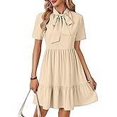 Rooscier Women's Bow Tie Neck Short Sleeve Ruffle Tiered A Line Babydoll Swing Mini Dresses