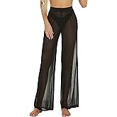 Awoscut Women See Through Sheer Mesh Pants Beach Swimsuit Bikini Bottom Cover up Party Club Elastic High Waist Wide Leg Pants