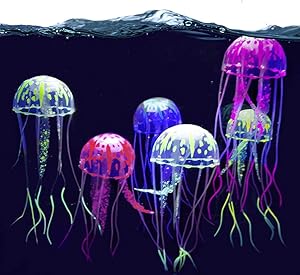 SunGrow Jellyfish Aquarium Decorations, 7x2 Inches, Silicone Fish Tank Ornaments, Colorful Decor Glows in Blacklight, Adds Beauty to Freshwater and Saltwater Tanks and Terrariums, 6 Pieces
