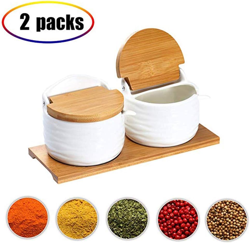 Ceramic Food Storage Spice Containers Bamboo Lid Porcelain Jar- Canister Sugar Bowl Serving Tea Coffee Spice Nuts White