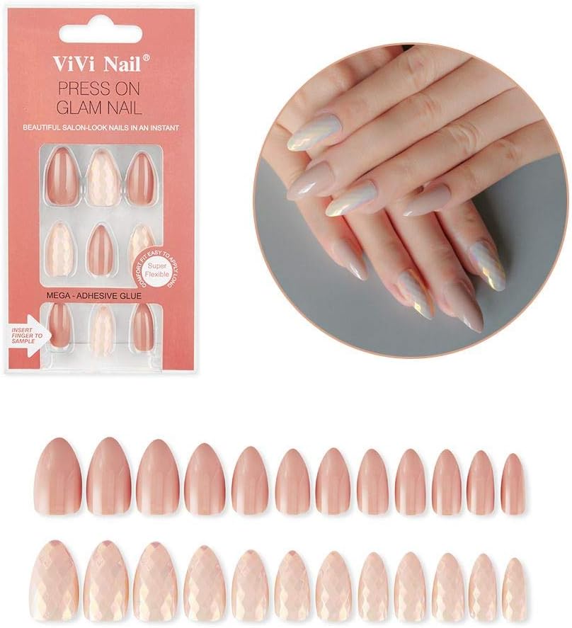 Press-on False Nail Art Kit - 24pcs Stiletto Fake Nails with Mini Nails File & Nail Adhesive Tabs (Milk Tea Brown)