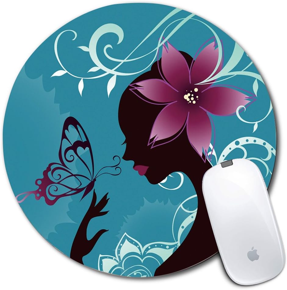 Personalized Round Mouse Pad, Printed Butterfly Girl Pattern, Non-Slip Rubber Comfortable Customized Computer Mouse Pad (7.87x7.87inch)