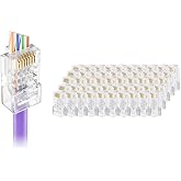 VCELINK RJ45 Cat5e Pass Through Connector 50-Pack, for 24 AWG UTP Cables | Longer Guide Rails for Easy Cable Insertion, Up to 1000Mbps Data Transfer, Modular Plug for Cat5e Solid or Stranded UTP Cable