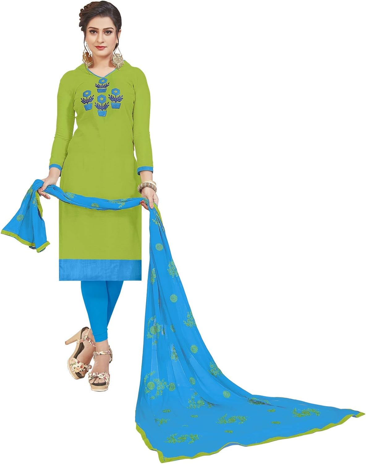 Amazon.com: Women's Modal Silk Parrot Green Unstitched Salwar Suit with Embroidered Dupatta ...