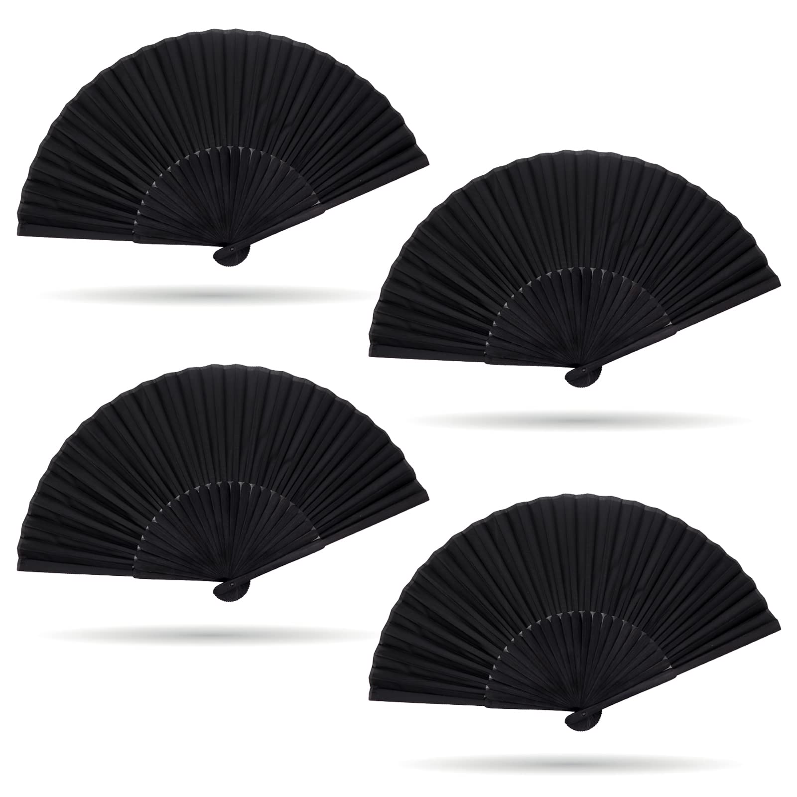 Grantop 4 Pcs Black Folding Hand Fan, Silk Fabric Bamboo Ribs Handheld Fan, Folding Chinese Fan for Wedding Christmas Party Prom Festival DIY Home Decorations (Black)