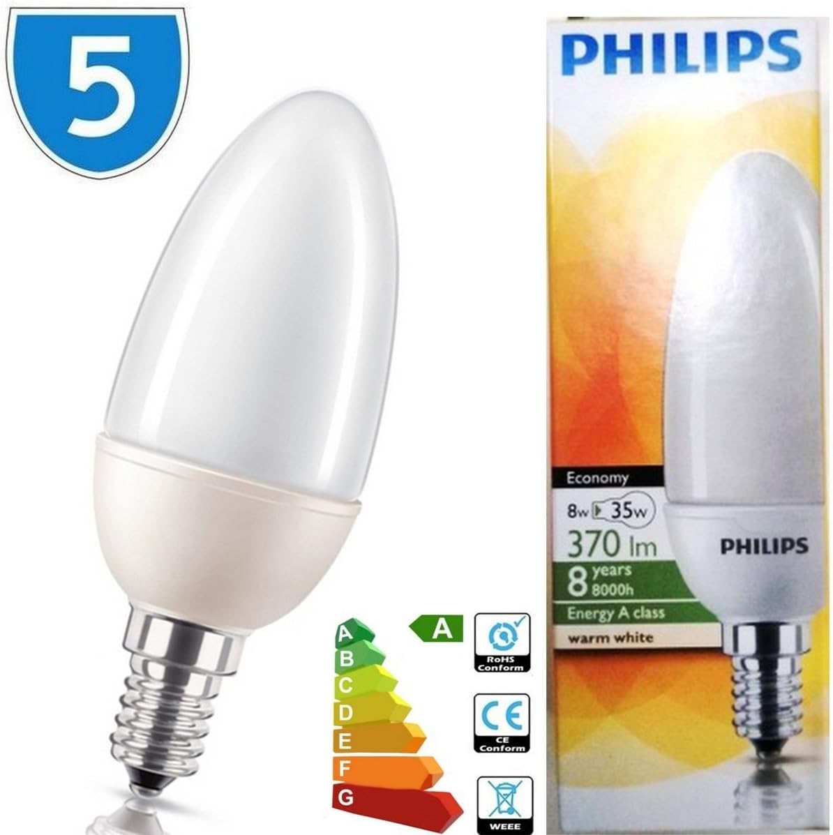 5X Philips Low Energy Saving Light Bulb 8w = 35w E14 CFL SES 8 watt
