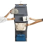 HAN SHENG 4 Grids Hanging Purse Handbag Organizer with Zippers Clear Hanging Closet Bag Organizer Tote Bag Purse Storage Holder Over The Door Space Saving Organizers (Grey)