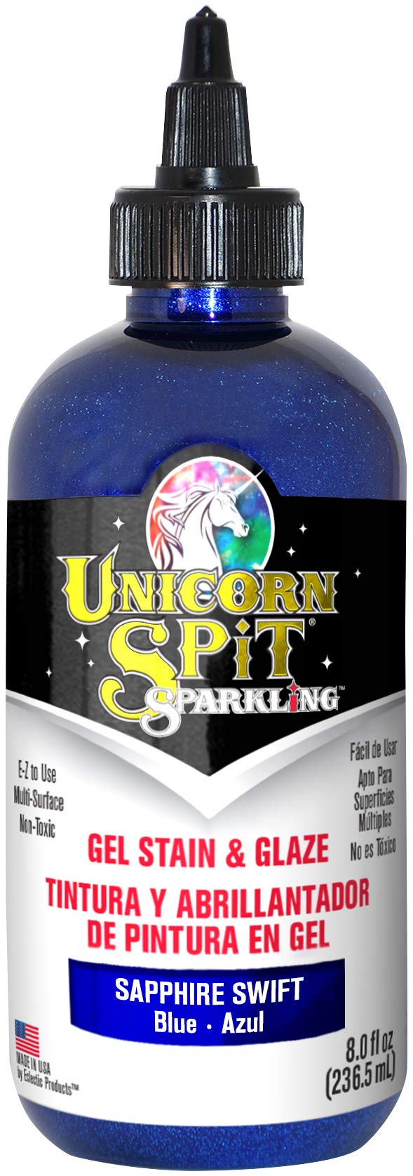 Unicorn Spit Sapphire Swift Gel Stain and Glaze, Blue Sparkling Glitter Paint for Wood Furniture Upcycling Craft Projects, Shimmering Finish, 236ml