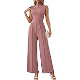 LOOKBOHO Womens Jumpsuits Dressy Casual Summer Sleeveless Mock Neck Wide Leg Pants Rompers with Pockets One Piece Outfits