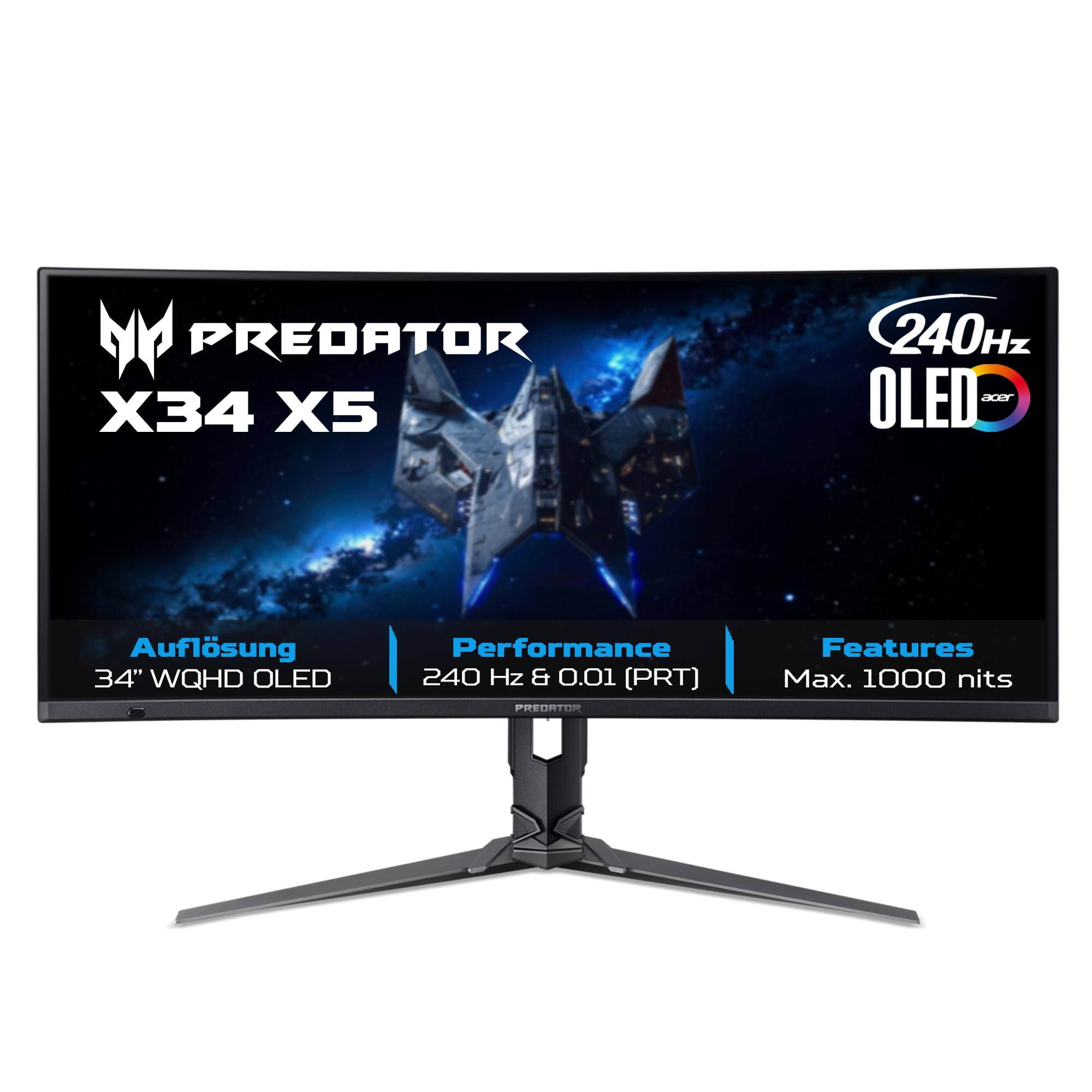 Predator X34 X5 Gaming Monitor 34 Zoll (86 cm Bildschirm) UWQHD, QD-OLED, 240Hz, 0.01ms(PRT)/0.03ms(GTG), DP 1.4, 2xHDMI 2.1, Type-C 90W, USB HUB, Curved, höhenverstellbar, FreeSync Premium Pro