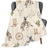 Hjokiupt Western Cowboy Throw Blankets, Riding Horse Wild Tropical Cactus Flannel Warm Soft Cozy Fluffy Bed Couch Blanket, Farmhouse White Fleece Throws to Decorate The Room and Bedroom 50 x 60