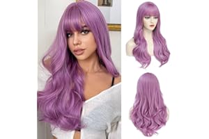 AISI QUEENS Purple Wigs for Women Long Purple Wig with Bangs purple wigs Purple Wavy Wigs Purple Synthetic Heat Resistant Wigs for Daily Cosplay Party Winter Holiday Wig（26inch,Purple）