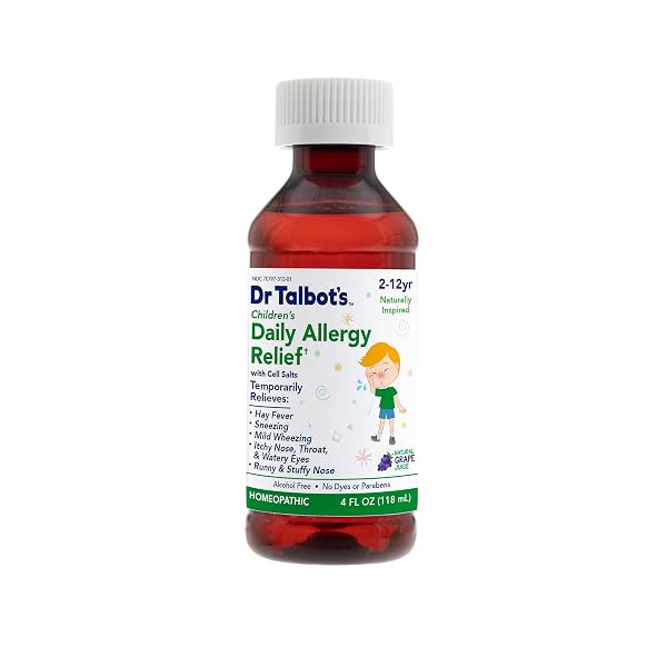 DR. TALBOT’S CHILDREN’S ALLERGY RELIEF MEDICINE – 4 OZ – INCLUDES DOSAGE CUP – FOR 2-12 YEARS OLD – NATURAL GRAPE FLAVOR (PACKAGING VARIES)