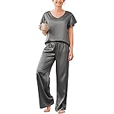 Ekouaer Women's Satin Silky Pajama Set 2 Piece Short Sleeve Shirt with Long Pants Pjs Sets Soft PJ Loungewear S-XXL