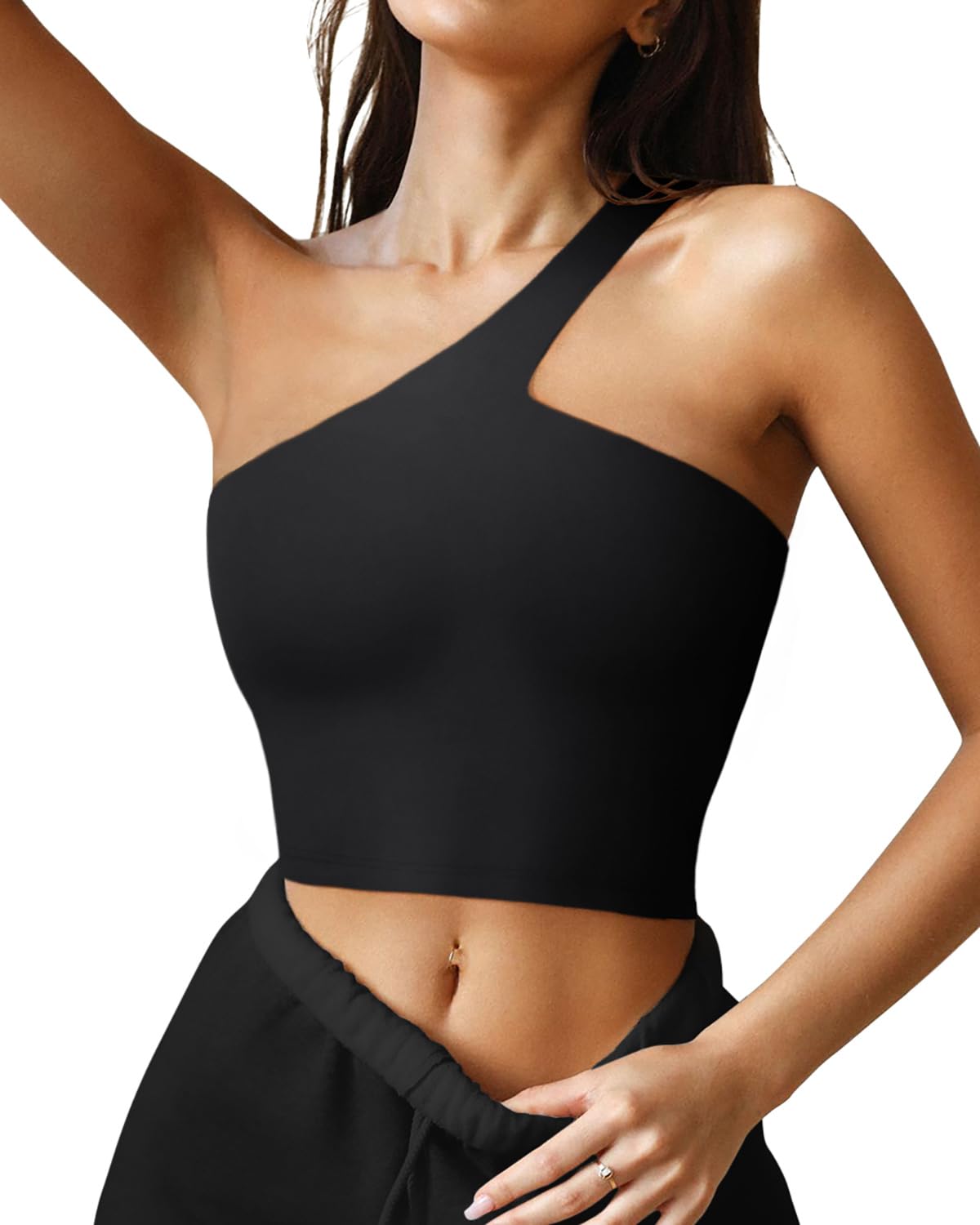 Photo 1 of (MEDIUM) (BAGGED) LASLULU Summer Sexy One Shoulder Sports Bras Workout Cropped Tank Top High Impact Yoga Bra Off The Shoulder Top Going Out(Black Medium)