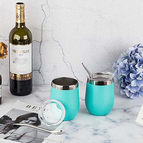 DOKIO Wine Glasses With Stainless Steel Straw 12oz Sippy Cup Tumbler Cyan Stemless Double Wall Vacuum Insulated With Lid Unbreakable For Ice Hot Drink Coffee Champagne Cocktail Mug 2 Sets