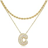 NEKOL C Bubble Letter Necklace for Women, 14K Gold Plated Charm Layered Balloon Initial Letter Pendant Monogram Necklace, Inlaid Zirconia Rhinestone Letter Necklaces Chain Layering Necklaces for Her