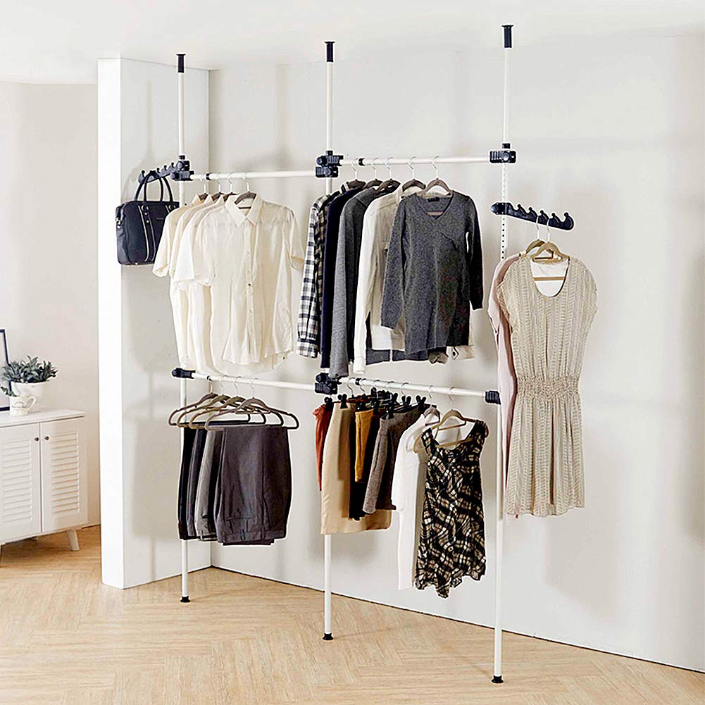 Heavy Duty Clothes Rack, Telescopic Coat Hanger Wardrobe Organiser, Hanging Rail, Garment Rack, Stainless Steel Poles and Bars, 60kg Loading per Horizontal Bar, Height Adjustable (3 Poles 4 Bars)