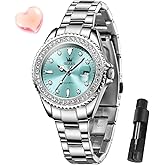OLEVS Watches for Women Diamond with Date Luxury Leather Female Waterproof Women Wrist Watch Analog Dress Stainless Steel Ladies Watch Luminous Calendar Women Watch Green/Blue/Purple Dial