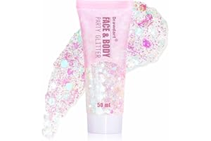 Drawdart Clear White Body Glitter Gel, Long-Lasting Glitter for Women Kids, Sparkly Holographic Shimmer Gel for Festival Concert Halloween Rave Mermaid Makeup, Cosmetic Grade Body&Hair Glitter, 50ml