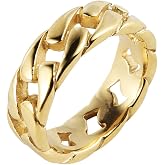 HZMAN Stainless Steel 7mm Wide Band Cuban Link Chain Ring for Men | Hypoallergenic,Waterproof,Size 5-13,Non-adjustable,Resistant to Scratches,Silver/Gold/Black