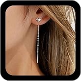 Andelaisi Boho Heart Chain Dangle Earrings Vintage Put Through Earrings Silver Chains Drop Earrings Minimalist Long Bar Chains Earrings Jewelry for Women